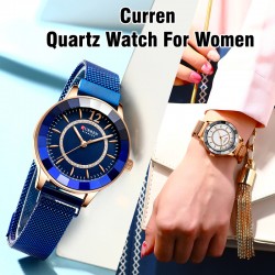 Curren Rhinestone Fashion Quartz Mesh Steel Watch For Women, 9066